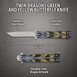 Diagram of butterfly knife with dragon artwork and dimensions