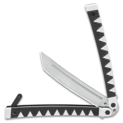 The butterfly knife in a half open position displaying the blade