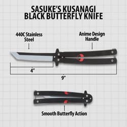 Diagram of black butterfly knife with measurements and features