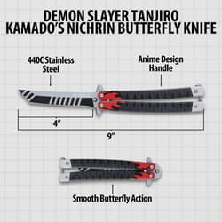 Diagram of a butterfly knife with measurements and features
