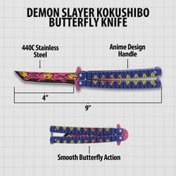 Diagram of butterfly knife with measurements and features