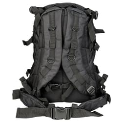 Back view of a black tactical backpack with straps