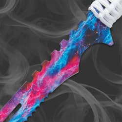 Close-up of a colorful sword blade with cosmic design