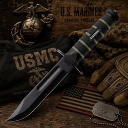 USMC knife with gloves, dog tags, and US flag patch