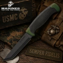 Tanto knife with USMC branding on camouflage