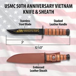 USMC knife with leather sheath and military boots