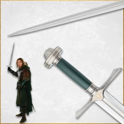 Close-up of sword with character holding it