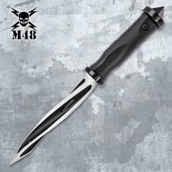 Tactical knife with a spiraling blade and textured black handle