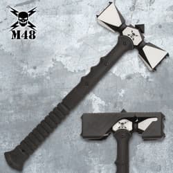 Double-headed war hammer with black handle and sheath on textured background