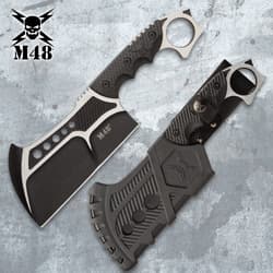 Tactical cleaver with sheath on a textured background