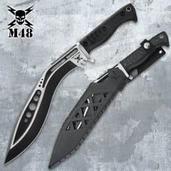 Tactical kukri knife with sheath on textured background