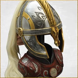 Detailed side view of a decorative helmet with horse motifs