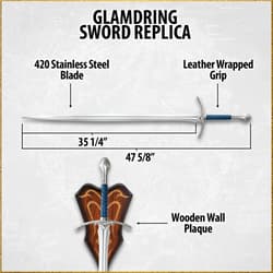 Glamdring sword replica with dimensions and wall plaque