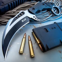 The 10&rdquo; overall, karambit knife has a 4 5/8&rdquo; curved blade with a penetrating point and an open-ring pommel