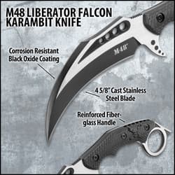 M48 Liberator Falcon Karambit Knife with labels