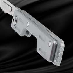 Close-up of the folded silver knife's handle