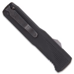 Closed pocket knife with dark grey aluminum enclosure and reversible deep carry pocket clip.