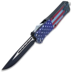 The two-toned, 3 3/4” stainless steel, drop point blade can be quickly deployed with the slide trigger on the side