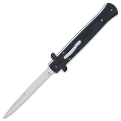 Open automatic stiletto knife with matte black handle and silver mirror-polished blade.