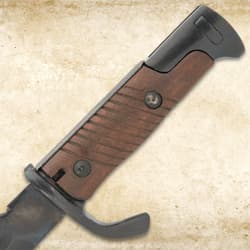 Close-up of wooden handle on bayonet