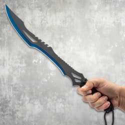 Hand holding a black and blue machete with paracord handle