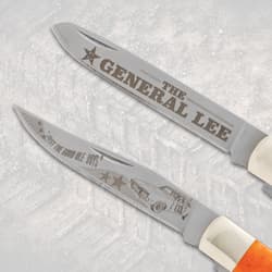 Close-up of knife blades with 'General Lee' engravings