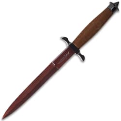 The 12 1/4” overall fixed blade knife can be carried in its genuine leather belt sheath, which has a snap strap closure