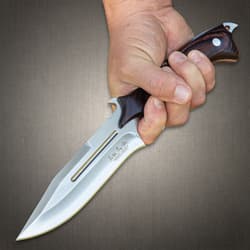 United Cutlery Hibben Legacy Combat Fighter Knife II With Leather Sheath - 7Cr17 Stainless Steel Blade, Brown Pakkawood Handle, Trigger Finger Grip