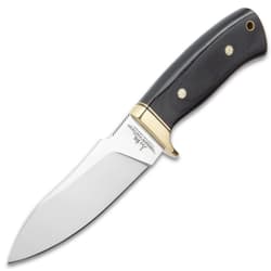 Hibben Chugach Hunter Knife With Sheath - 5Cr13 Stainless Steel Blade, Pakkawood Handle, Brass Hand Guard, Rosette Accents - Length 8 7/8”