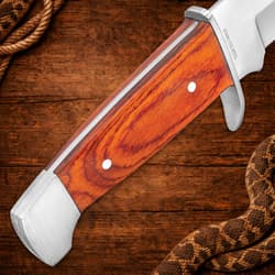 Close-up of a knife handle with wood grain detail