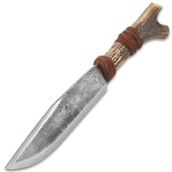 Timber Wolf Antler Fork Bowie Knife With Sheath - High Carbon Steel Blade, Genuine Horn Handle, Leather Accents - Length 14”