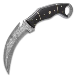 Timber Wolf Attila Karambit Knife - Damascus Steel Blade, Full-Tang, Micarta Handle Scales, Open-Ring Pommel - Length 9”