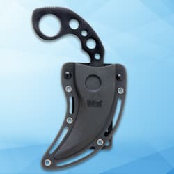 Karambit knife partially sheathed on blue background