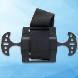 Black dagger sheath with strap on blue background