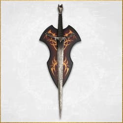 Sword mounted on a decorative shield with patterns