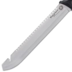 The machete has a 11 3/4”, razor-sharp 3Cr13 stainless steel blade with a sawback and a gut hook