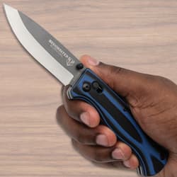 Bushmaster Blue Micarta Pocket Knife in hand