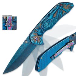 Shadow Warrior Assisted Opening Pocket Knife | DamascTec Steel Blade | Blue And Rainbow