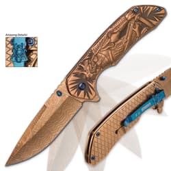 Shadow Warrior Assisted Opening Pocket Knife | DamascTec Steel Blade | Gold And Blue