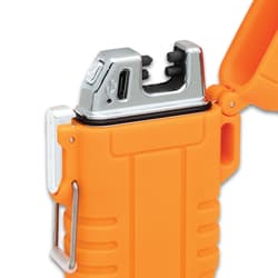Close-up of orange lighter's metal top and port