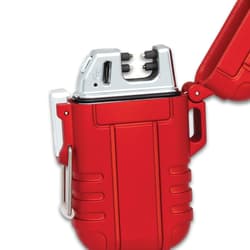 Close-up of red Bugout lighter's USB port and arc