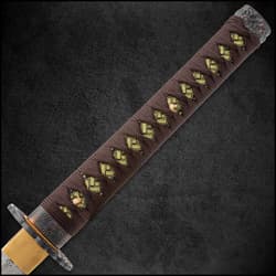 Wellspring Brown Damascus Tachi handle close up