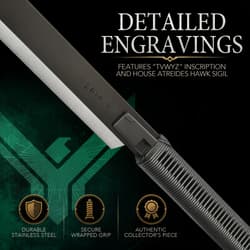 Close-up of engraved blade with House Atreides hawk sigil