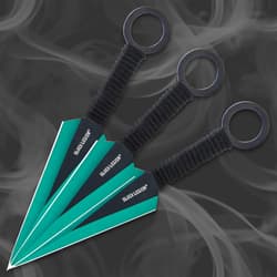 Each of the three kunai knives is 6 3/8” overall with a 3 5/8” spear point blade and a nylon cord-wrapped handle