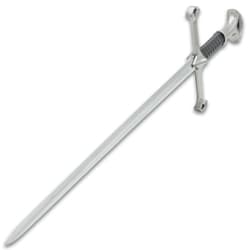 Top view of pewter look metal alloy hilt and pommel on a middle ages warrior stainless steel short sword