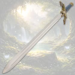 Sword with a gleaming blade in a magical forest setting