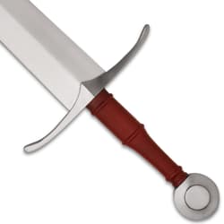 Close-up of sword hilt with red leather grip