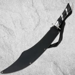 Scimitar in black sheath on gray background