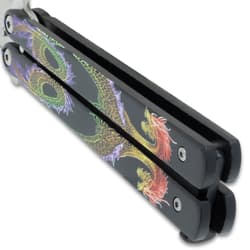 Twin Dragons Purple And Blue Butterfly Knife - Stainless Steel Blade, Aluminum Handle, Vivid Artwork, Latch Lock - Length 8 3/4”