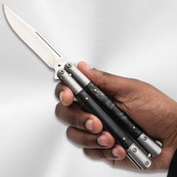 Black Marble Butterfly Knife in hand